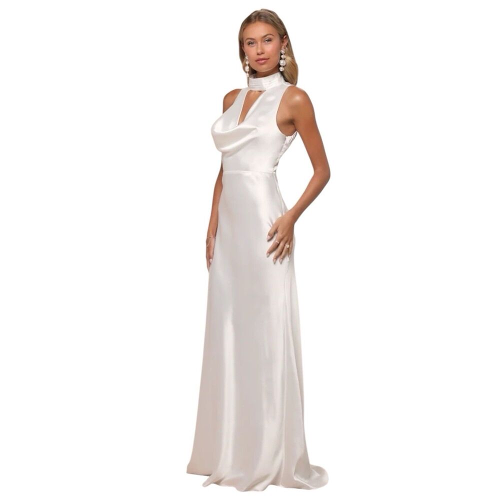 Lulus Maxi Wedding Dress Womens M White Satin Cowl Mock Mermaid Gorgeous Vow
